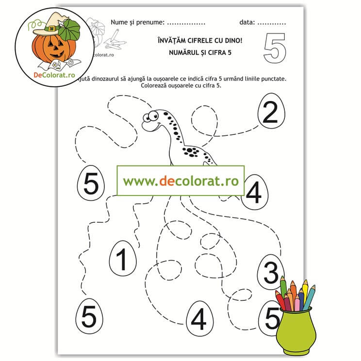 Învățăm cifrele cu Dino – Trasează si colorează! – fișă de lucru cu cifra 5
