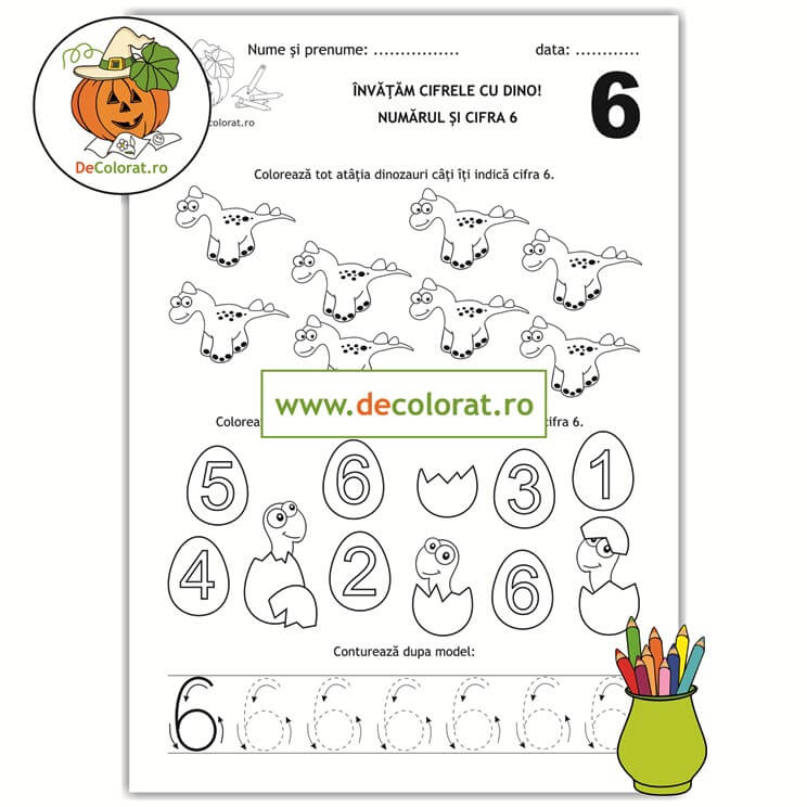 Învățăm cifrele cu Dino – Recunoaște, colorează și trasează cifra 6!