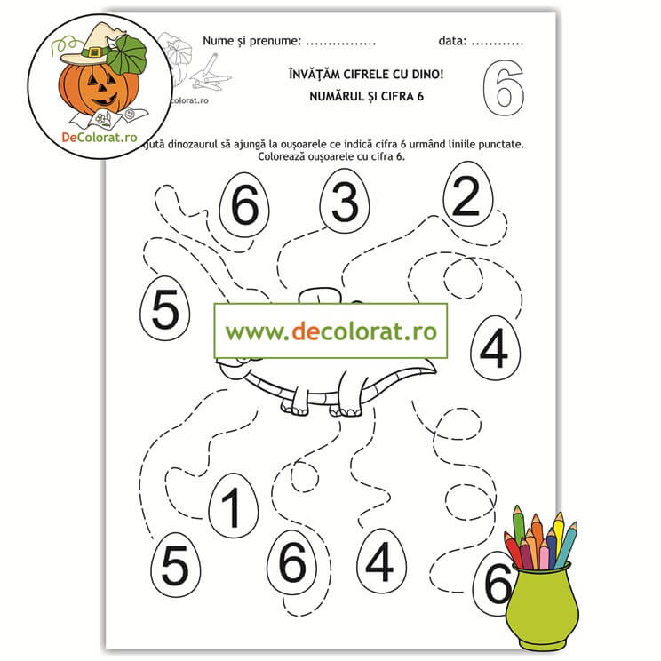 Învățăm cifrele cu Dino – Trasează si colorează! – fișă de lucru cu cifra 6