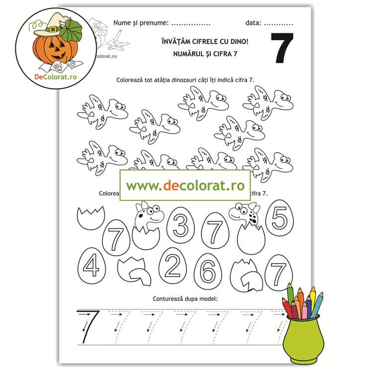 Învățăm cifrele cu Dino – Recunoaște, colorează și trasează cifra 7!