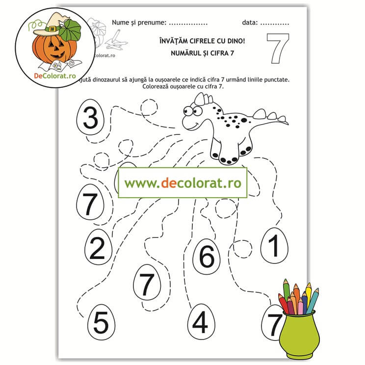 Învățăm cifrele cu Dino – Trasează si colorează! – fișă de lucru cu cifra 7
