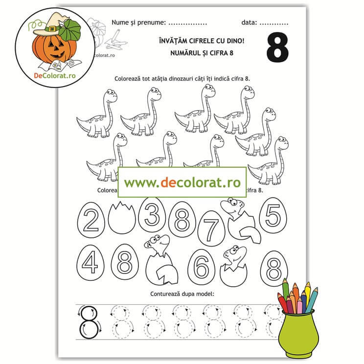Învățăm cifrele cu Dino – Recunoaște, colorează și trasează cifra 8!
