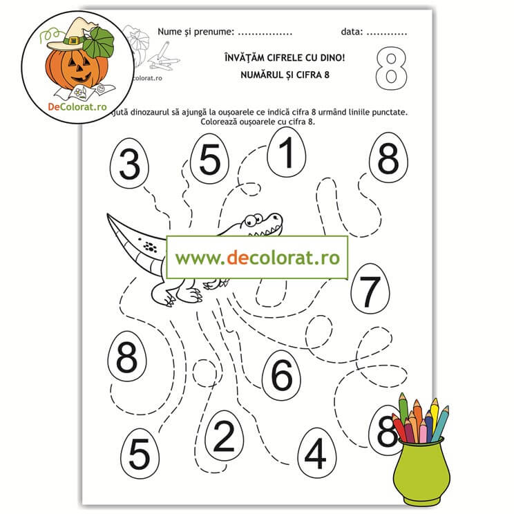 Învățăm cifrele cu Dino – Trasează si colorează! – fișă de lucru cu cifra 8