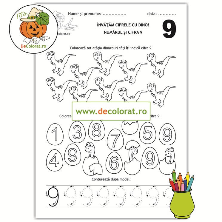 Învățăm cifrele cu Dino – Recunoaște, colorează și trasează cifra 9!