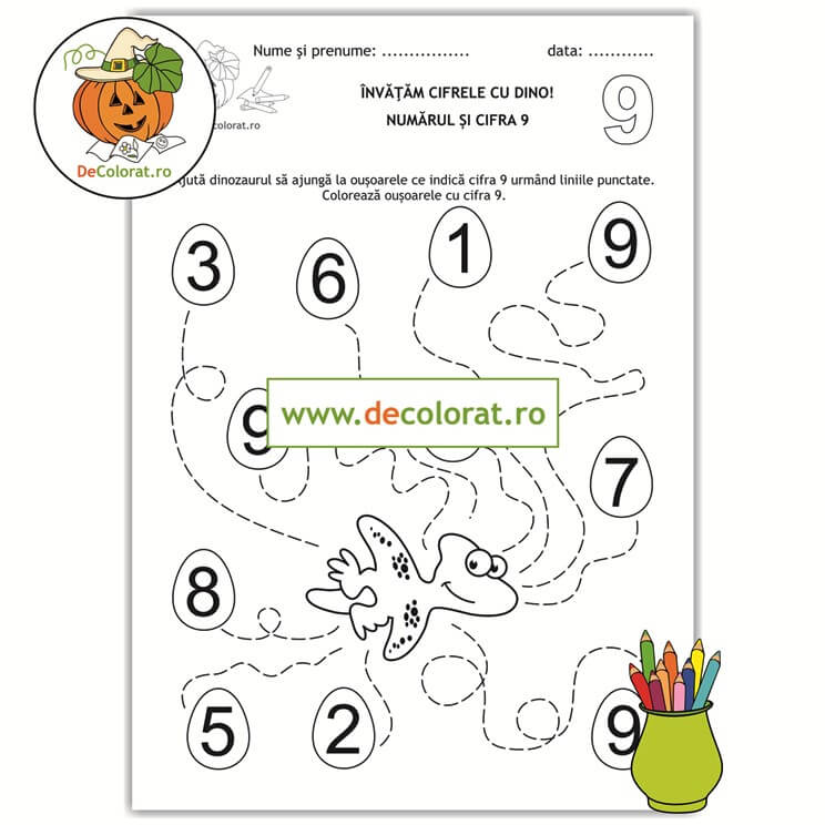 Învățăm cifrele cu Dino – Trasează si colorează! – fișă de lucru cu cifra 9