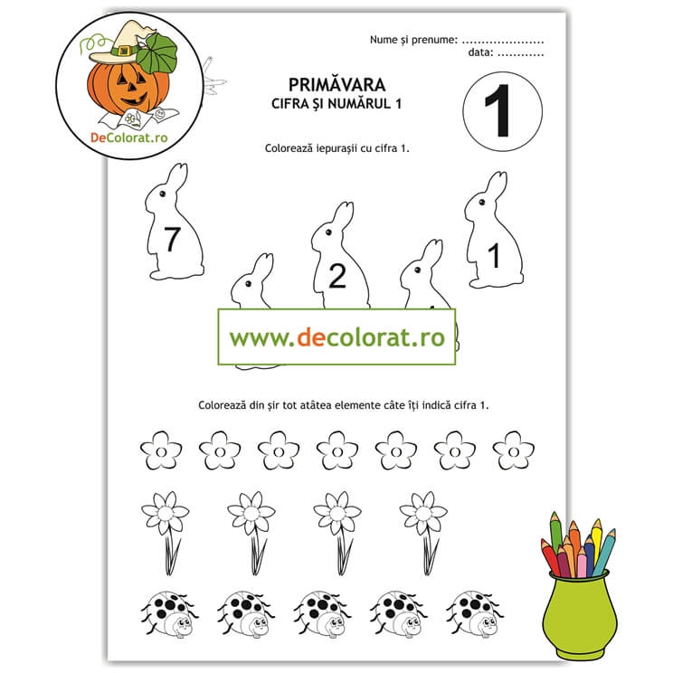 Primăvara învățăm cifra și numarul 1 – fișă de lucru