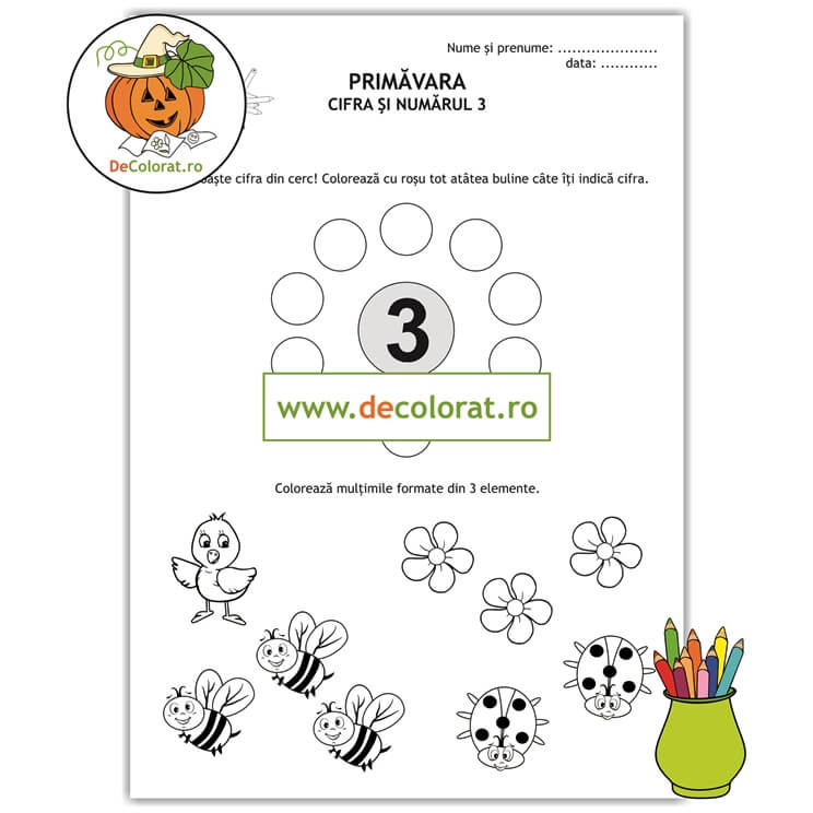 Cifra 3 – fișă de lucru cu elemente de primăvara