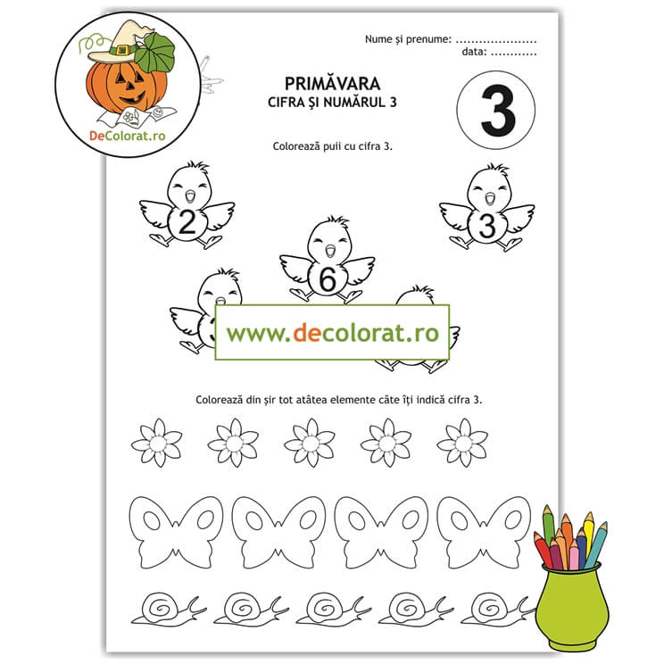Primăvara învățăm cifra și numarul 3 – fișă de lucru