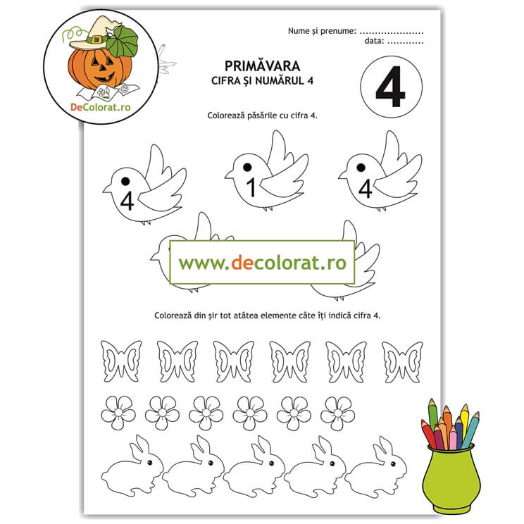Primăvara învățăm cifra și numarul 4 – fișă de lucru