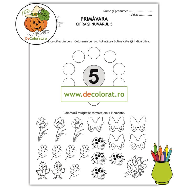Cifra 5 – fișă de lucru cu elemente de primăvara