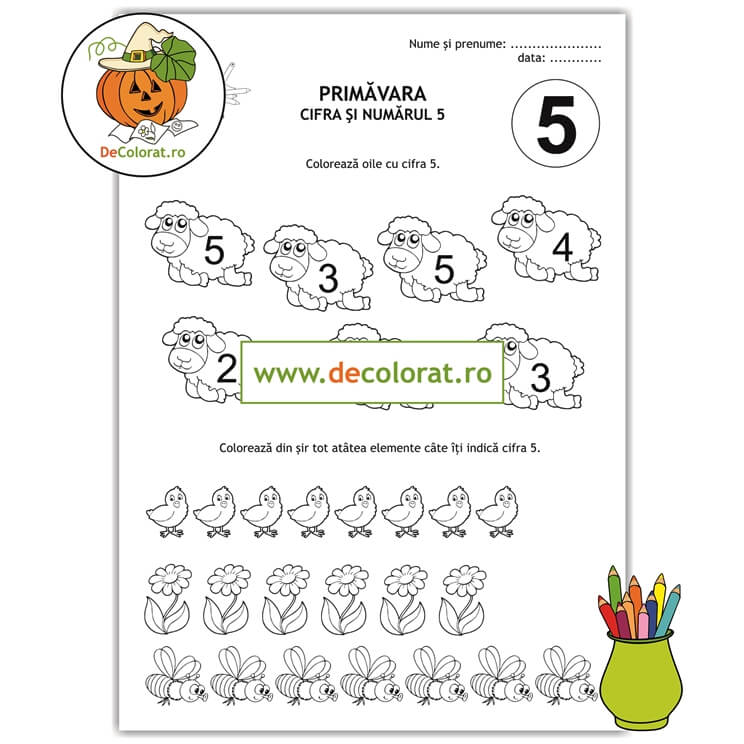 Primăvara învățăm cifra și numarul 5 – fișă de lucru