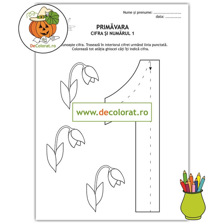 Fișă de trasare cifra 1 cu flori de primăvară