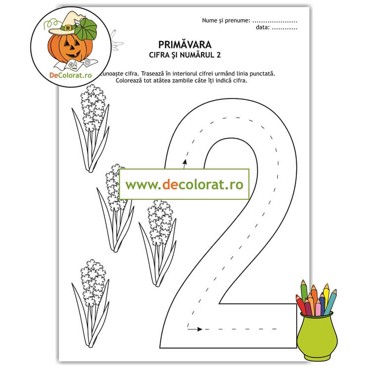 Fișă de trasare cifra 2 cu flori de primăvară