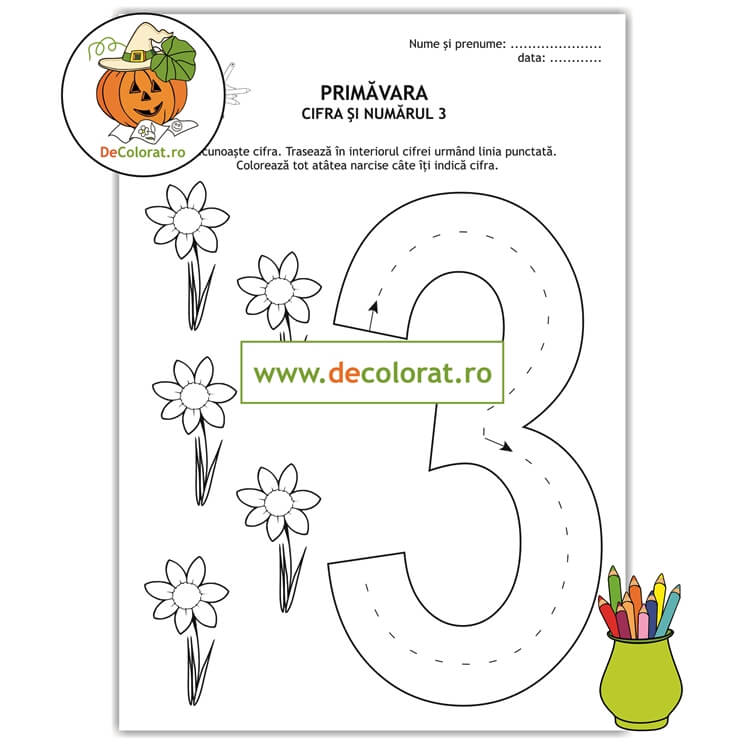 Fișă de trasare cifra 3 cu flori de primăvară