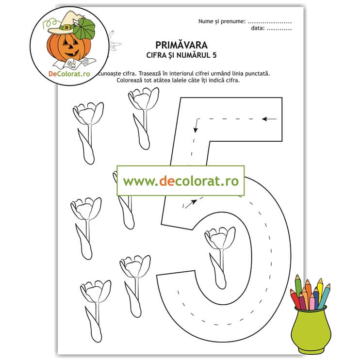 Fișă de trasare cifra 5 cu flori de primăvară