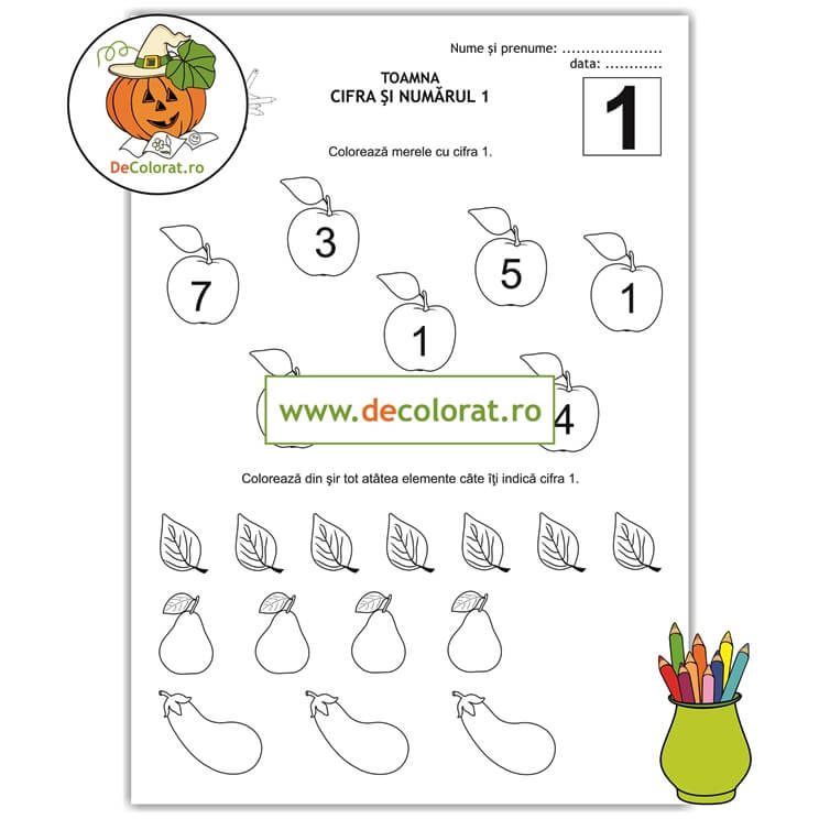 Fișă de lucru cu cifra 1 și bogățiile toamnei