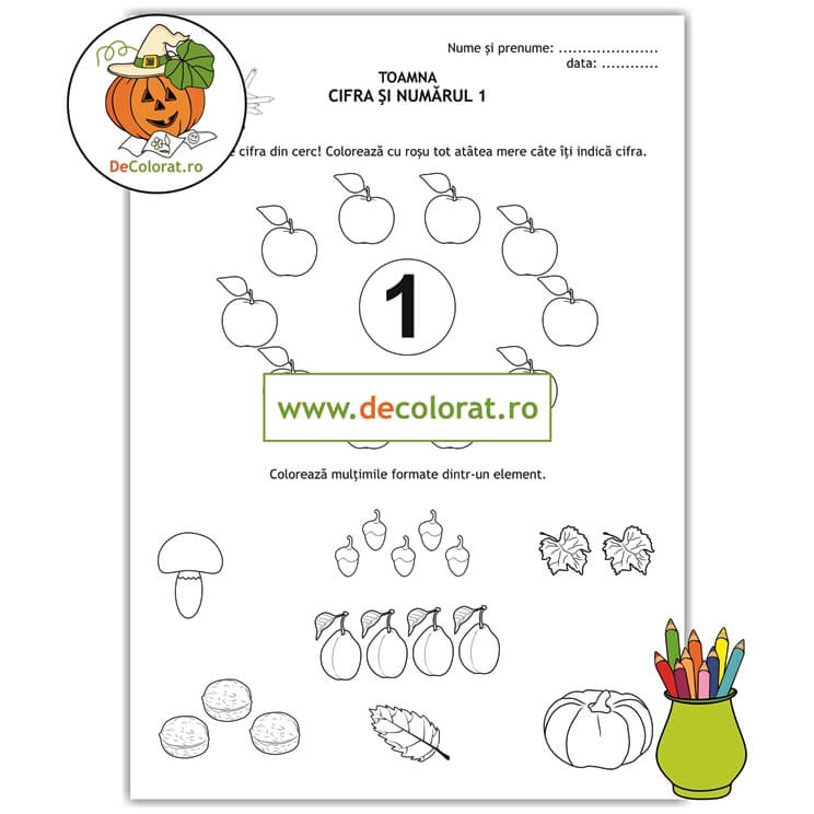 Fișă de lucru cu fructe și legume de toamnă – cifra și numărul 1