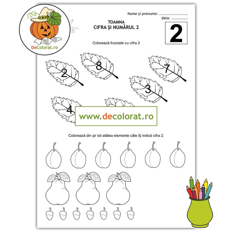 Fișă de lucru cu cifra 2 și bogățiile toamnei