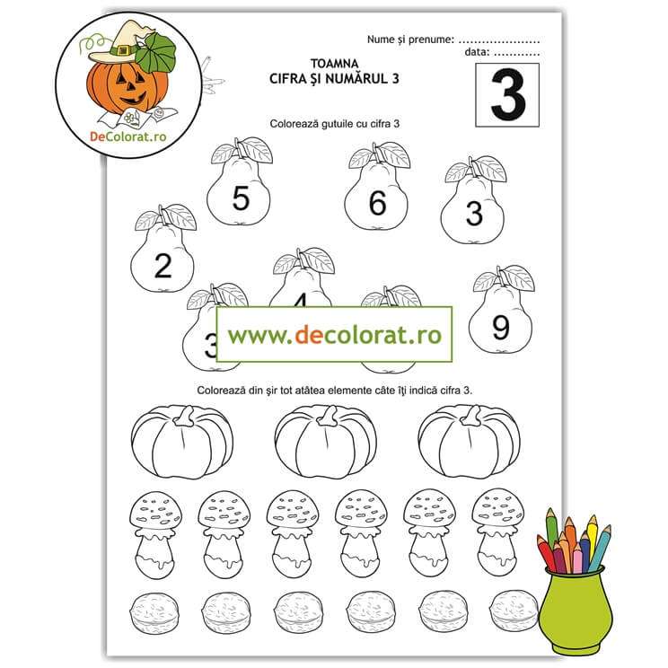 Fișă de lucru cu cifra 3 și bogățiile toamnei