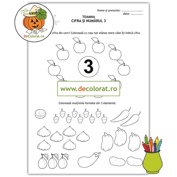 Fișă de lucru cu fructe și legume de toamnă – cifra și numărul 3