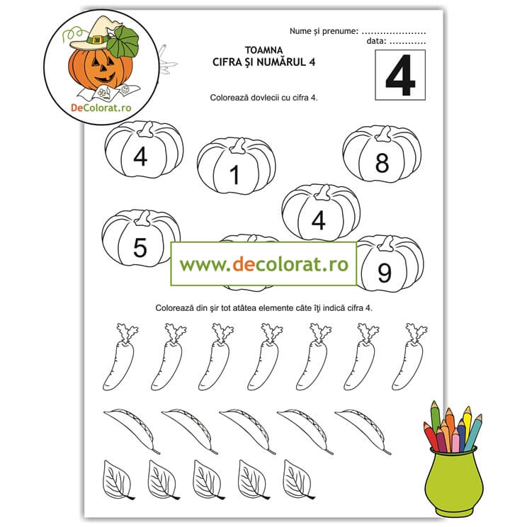Fișă de lucru cu cifra 4 și bogățiile toamnei