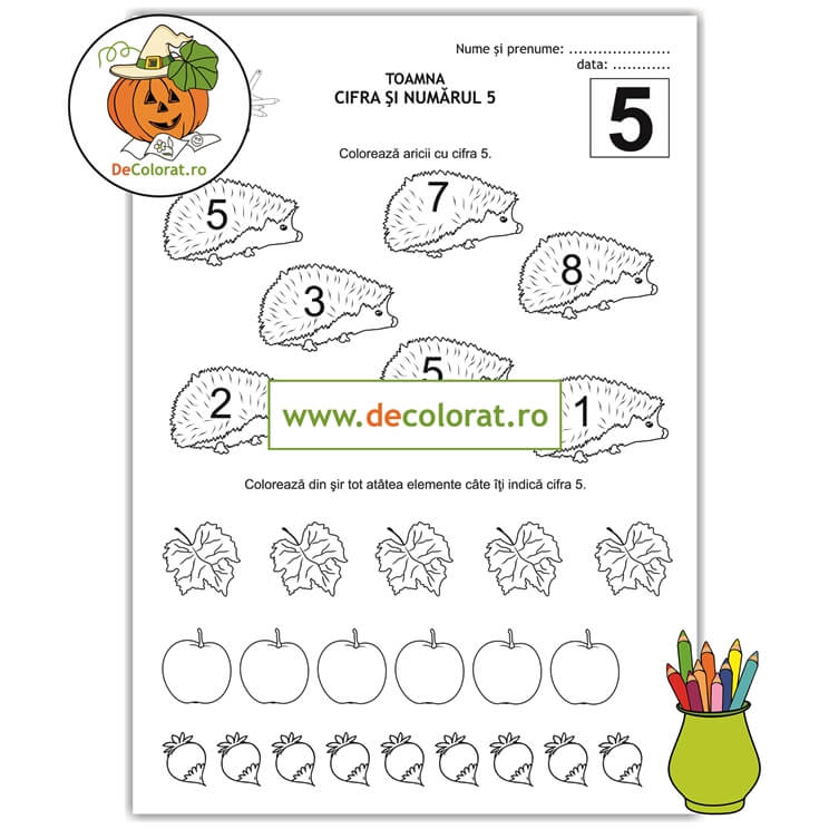Fișă de lucru cu cifra 5 și bogățiile toamnei