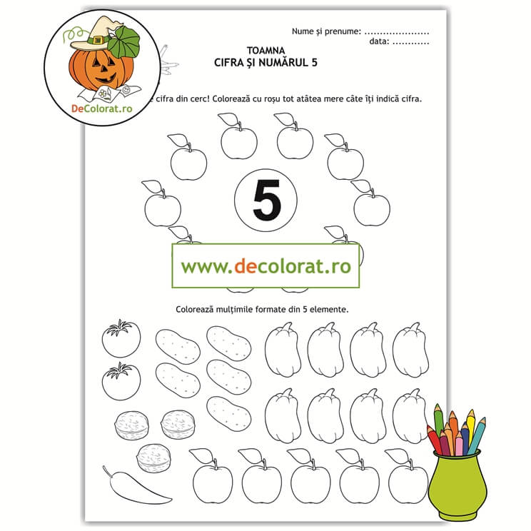 Fișă de lucru cu fructe și legume de toamnă – cifra și numărul 5