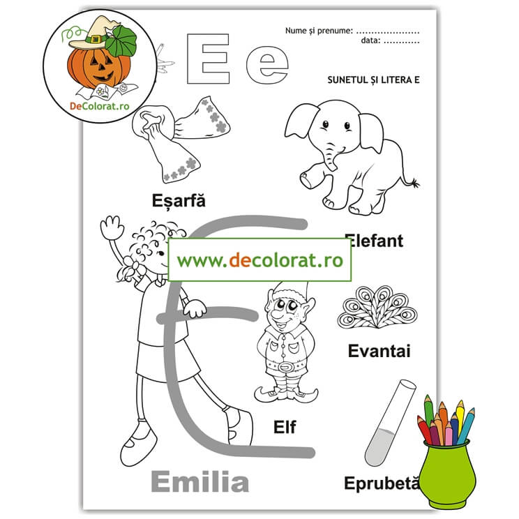 Fișă de lucru cu litera și sunetul E – Să învățăm litera E cu Emilia!