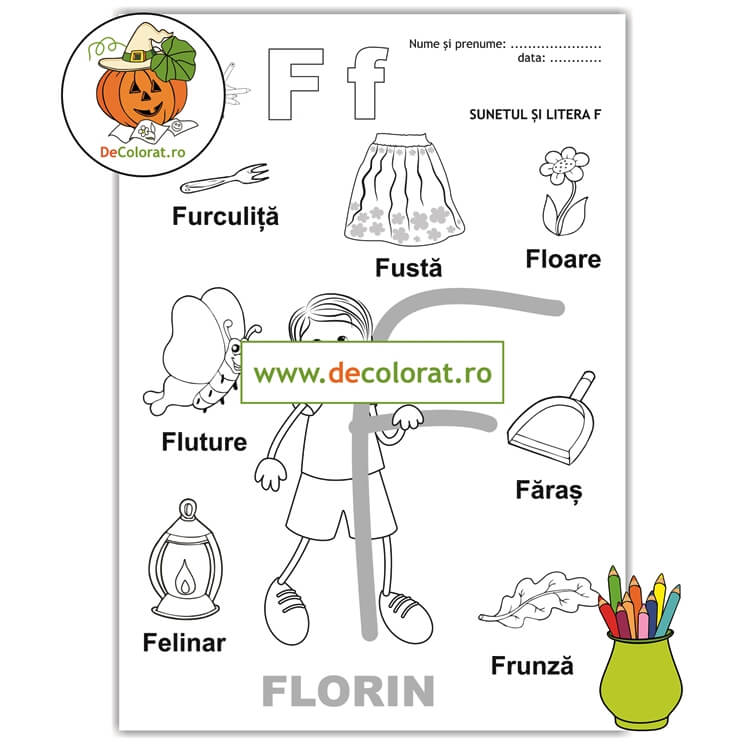 Fișă de lucru cu litera și sunetul F – Să învățăm litera F cu Florin!