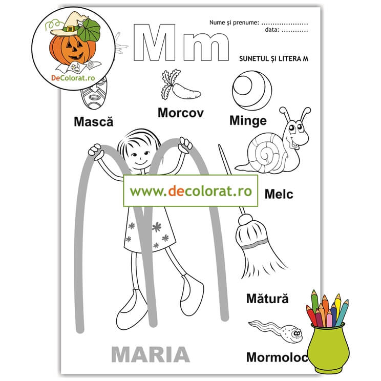 Fișă de lucru cu litera și sunetul M – Să învățăm litera M cu Maria!