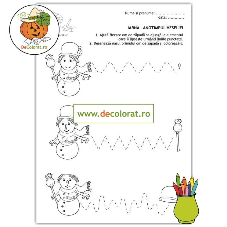 Exerciții grafice cu oameni de zăpadă – fișă de trasare cu linii punctate