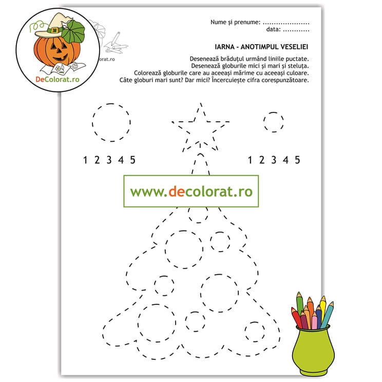 Bradul de crăciun – fișă cu linii punctate – numerația în limitele 1-5