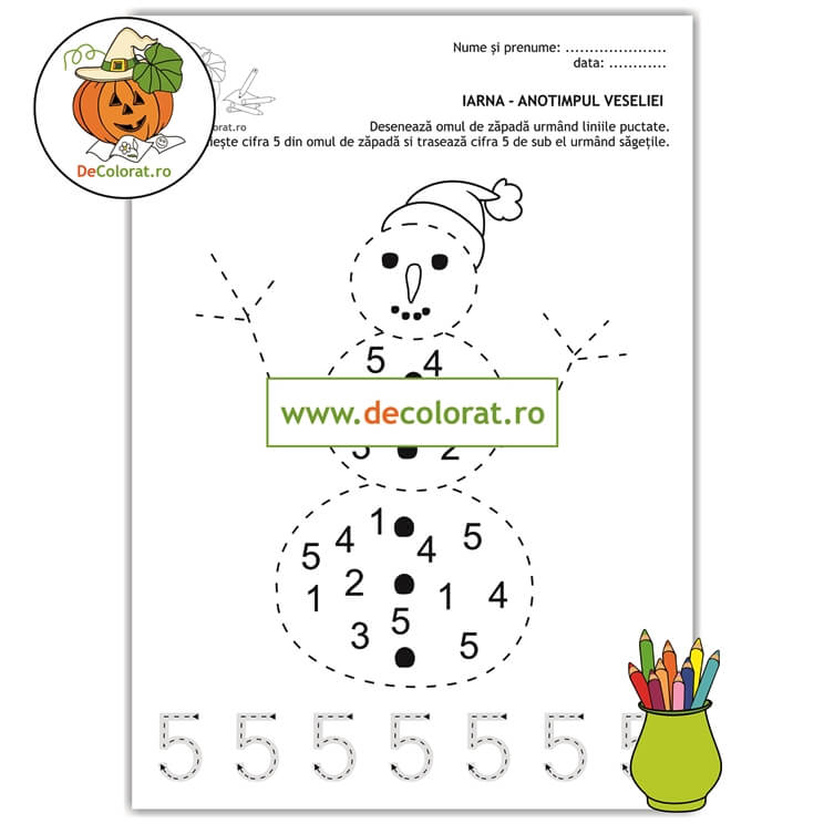 Omul de zăpadă – fișă de trasare și recunoaștere a cifrei 5