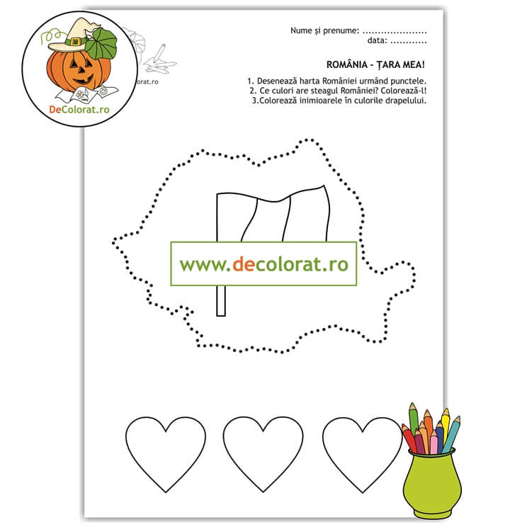 România – țara mea! – fișa de lucru cu harta țării și drapelul național