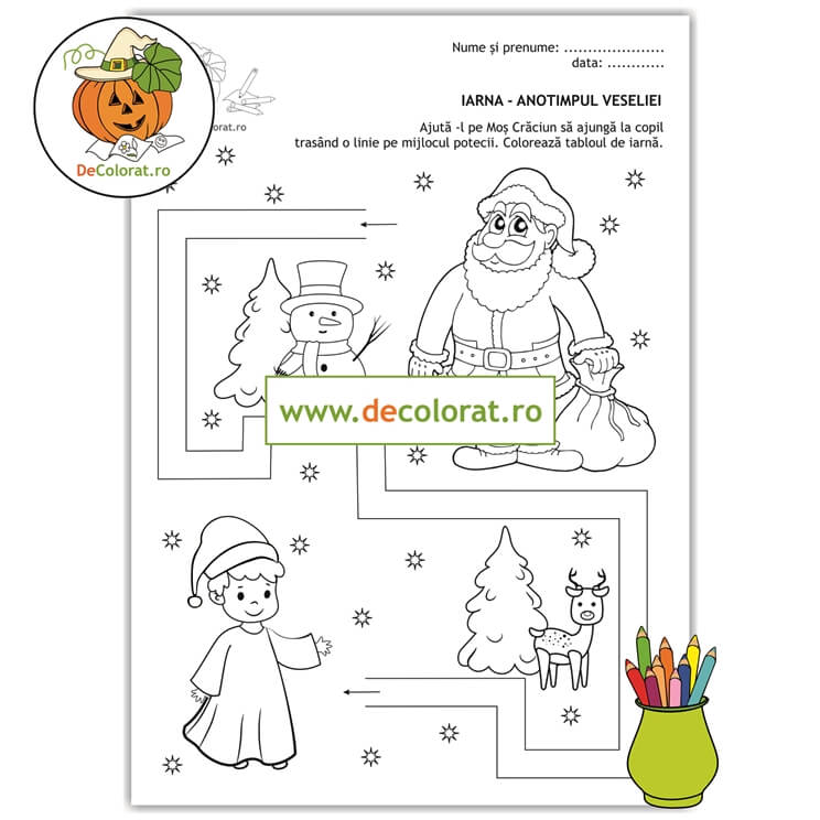 Moș Crăciun pe drum – fișă de trasare și de colorat – labirint de iarnă