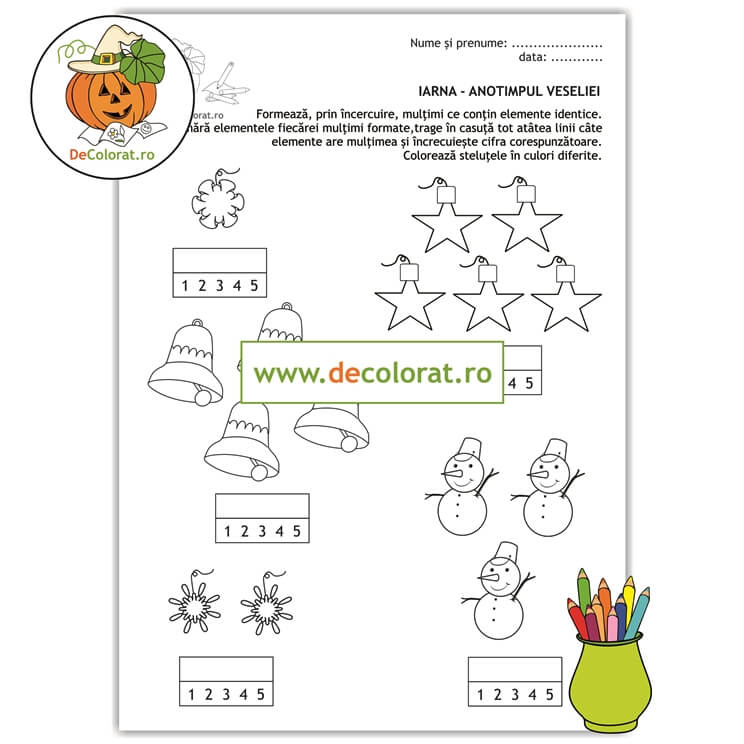 Iarna – fișă de lucru formare mulțimi cu decorațiuni de crăciun – numerația 1-5