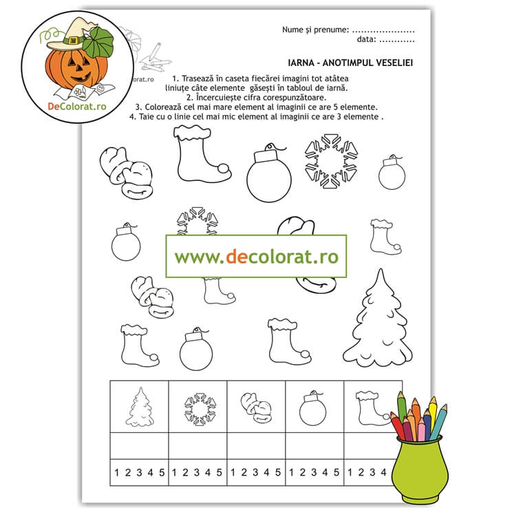 Iarna – fișă de lucru cu numeratia în limitele 1-5 – comparația mare-mic