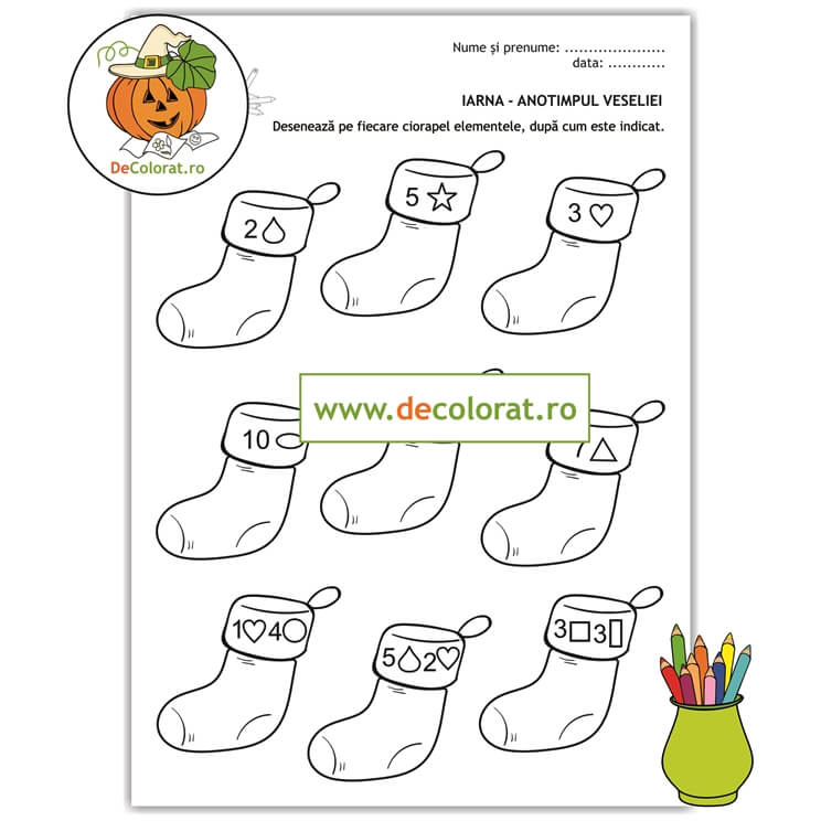 Decorează ciorăpeii! – fișă de lucru cu numerația în limitele 1-10 – exerciții grafice