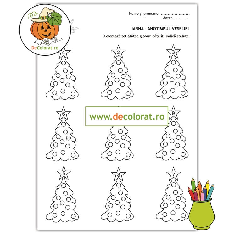 Colorează globurile! – fișă de lucru – numerația în limitele 1-10