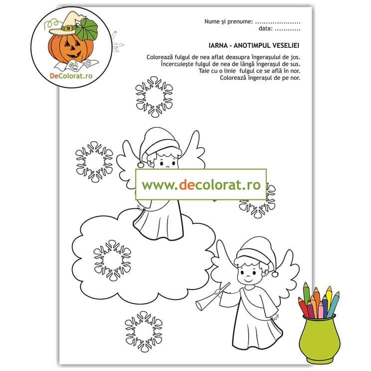 Poziții spațiale – iarna cu îngeri și fulgi de nea – fișă de lucru