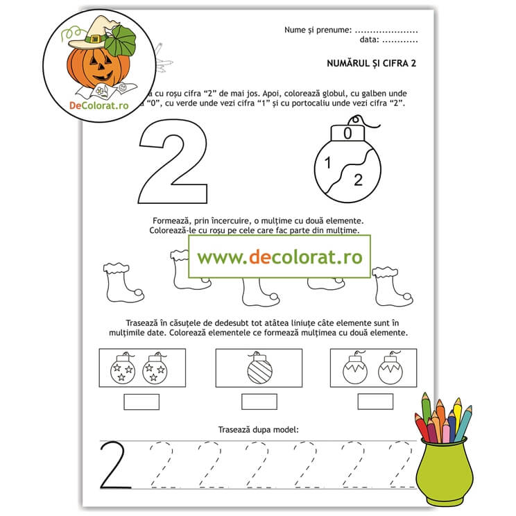 Iarna – Numărul și cifra 2 – fișă de lucru cu elemente de iarnă și decorațiuni de crăciun