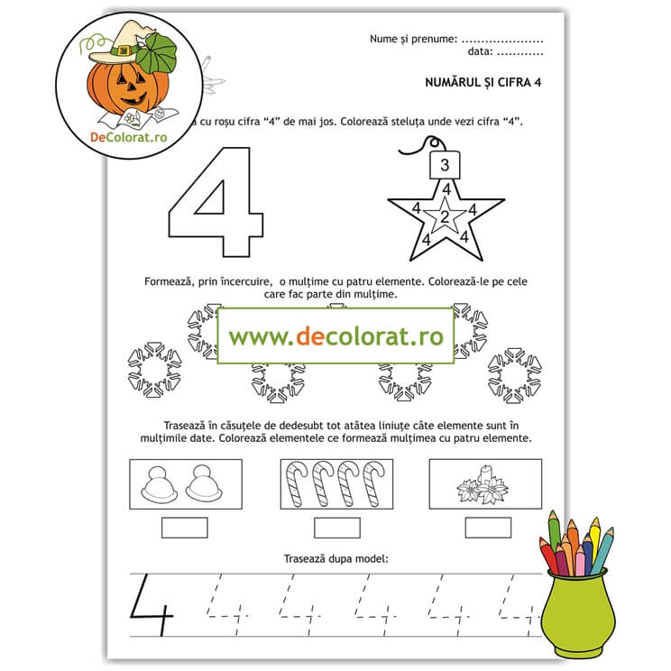 Iarna – Numărul și cifra 4 – fișă de lucru cu elemente de iarnă și decorațiuni de crăciun