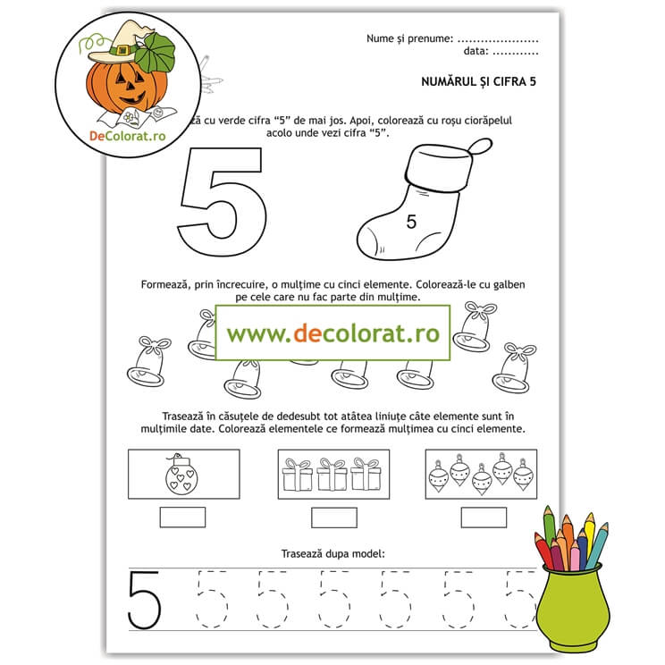 Iarna – Numărul și cifra 5 – fișă de lucru cu elemente de iarnă și decorațiuni de crăciun