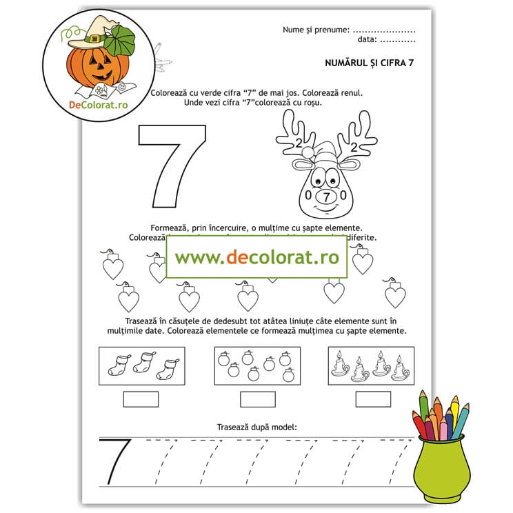 Iarna – Numărul și cifra 7 – fișă de lucru cu elemente de iarnă și decorațiuni de crăciun