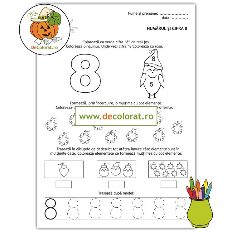 Iarna – Numărul și cifra 8 – fișă de lucru cu elemente de iarnă și decorațiuni de crăciun