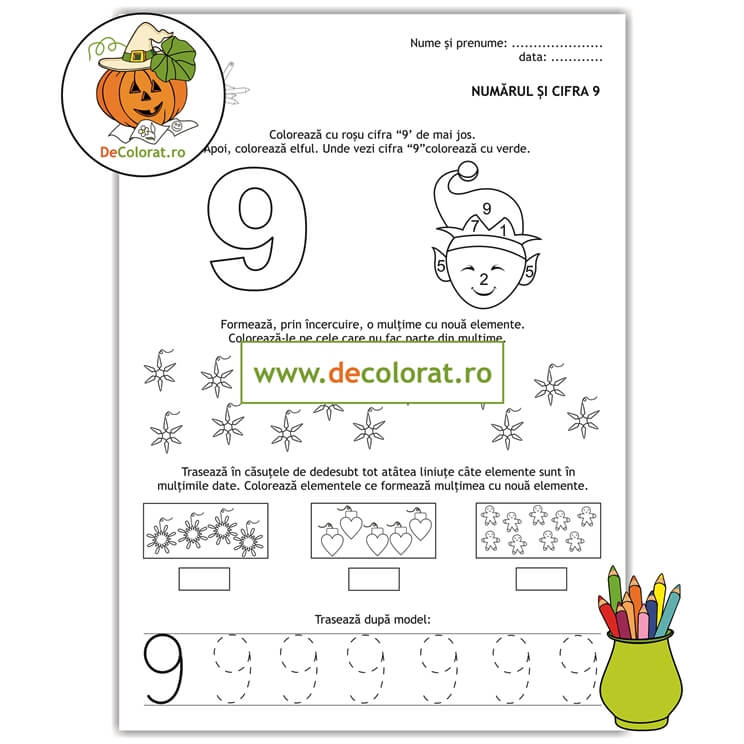 Iarna – Numărul și cifra 9 – fișă de lucru cu elemente de iarnă și decorațiuni de crăciun