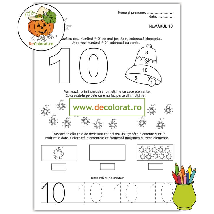 Iarna – Numărul 10 – fișă de lucru cu elemente de iarnă și decorațiuni de crăciun