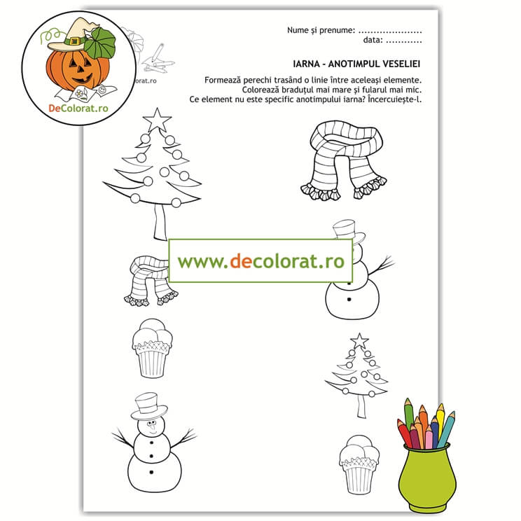 Iarna – fișă de lucru formare perechi și comparație mare-mic