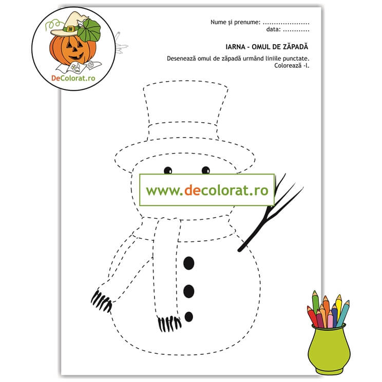 Omul de zăpadă – fișă de lucru cu linii punctate