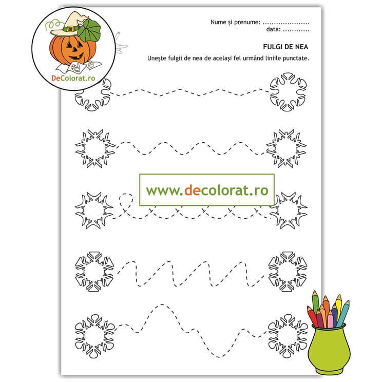 Fulgii de nea – fișă de lucru cu exerciții de trasare